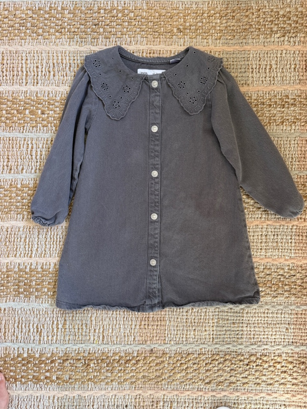 Zara Girls Dark Gray Button-Front Dress with Eyelet Collar